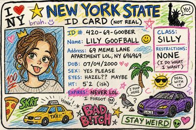 Childish crayon doodle creates a chaotic fake New York ID card
