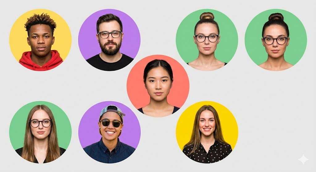 Symmetrical Pastel Portrait Collage of Diverse Young Professionals