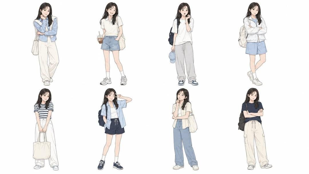 A character design sheet shows eight variations of a young man
