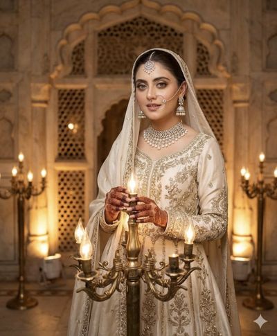 Bridal elegance shines behind a vintage brass candelabra in golden light