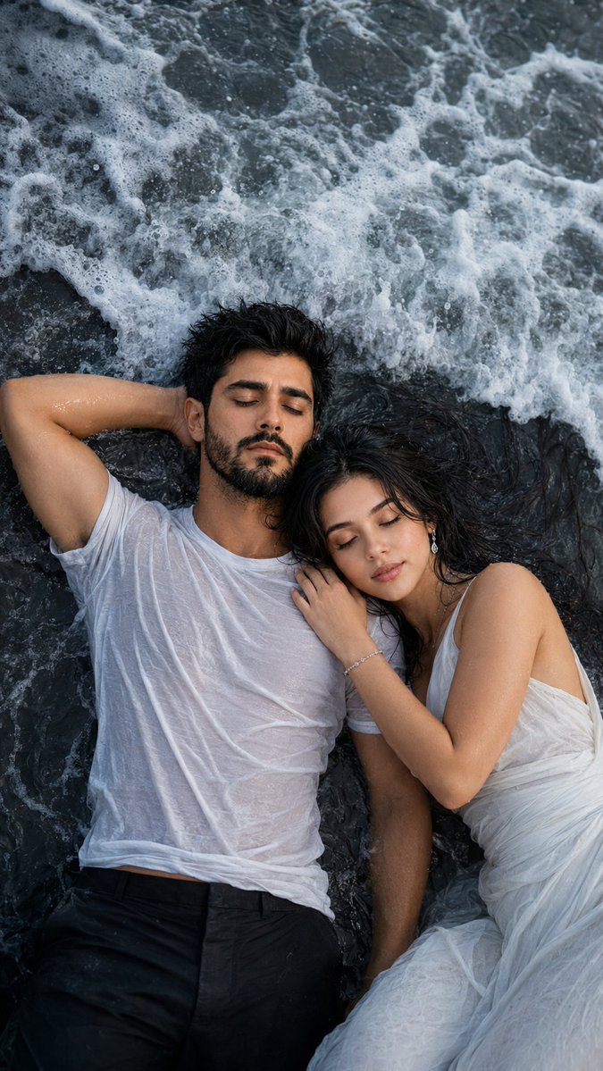 Lovers rest in shallow ocean waves on a moody beach