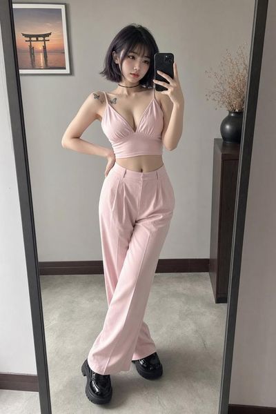 East Asian woman in pink outfit takes mirror selfie in modern room