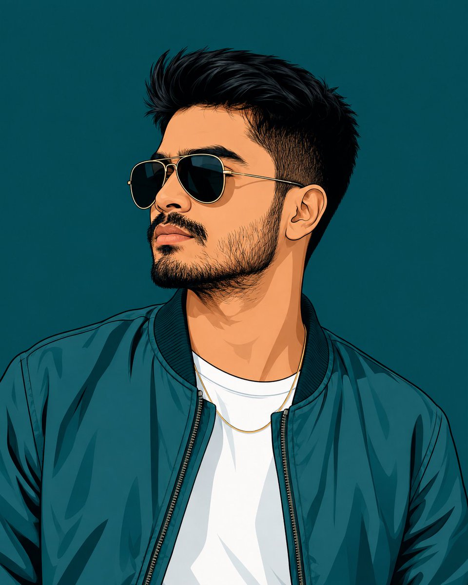 Teal bomber jacket portrait with aviator shades and gold chain
