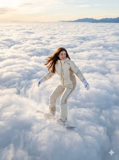 A barefoot snowboarder glides across golden cloud sea during sunset