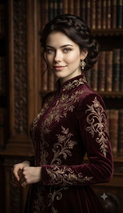 A refined woman in a velvet gown poses in a dim study.