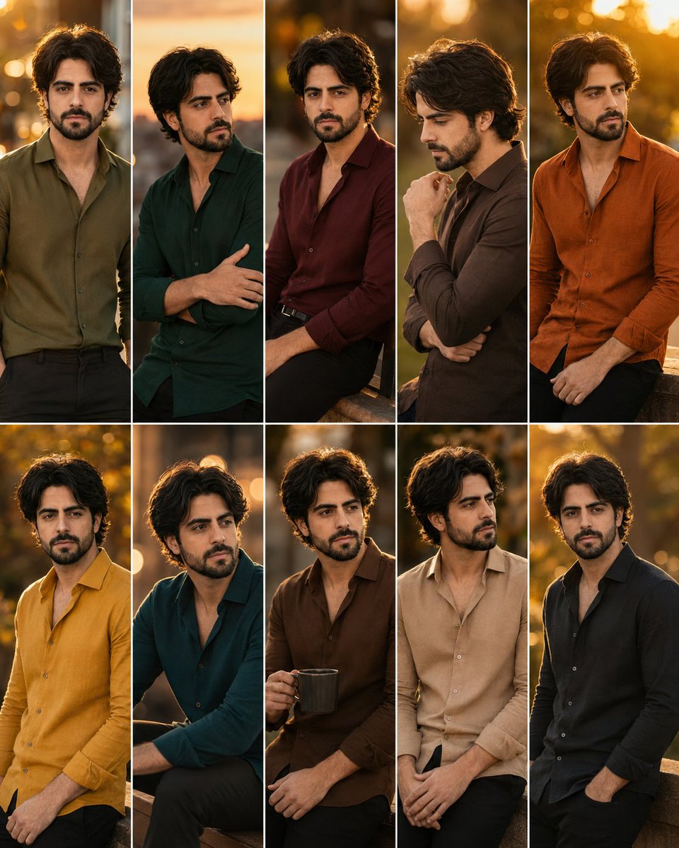A man in olive green shirt poses at golden hour