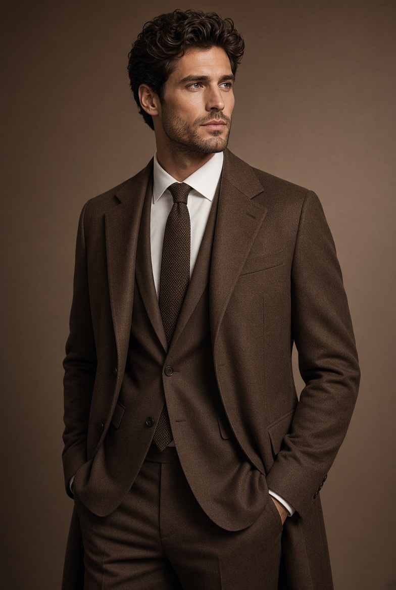 Confident male model in brown three-piece suit against studio backdrop
