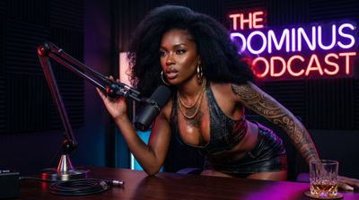 Podcaster's intense gaze captured in neon chiaroscuro lighting