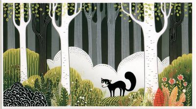 Graphic Black-and-White Animals Wander Through a Muted Olive Birch Forest