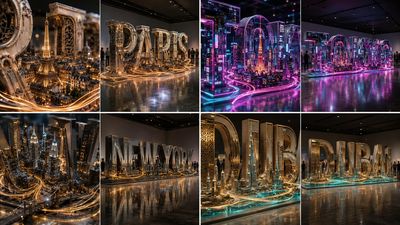 A diorama of Paris glows with neon letters and light