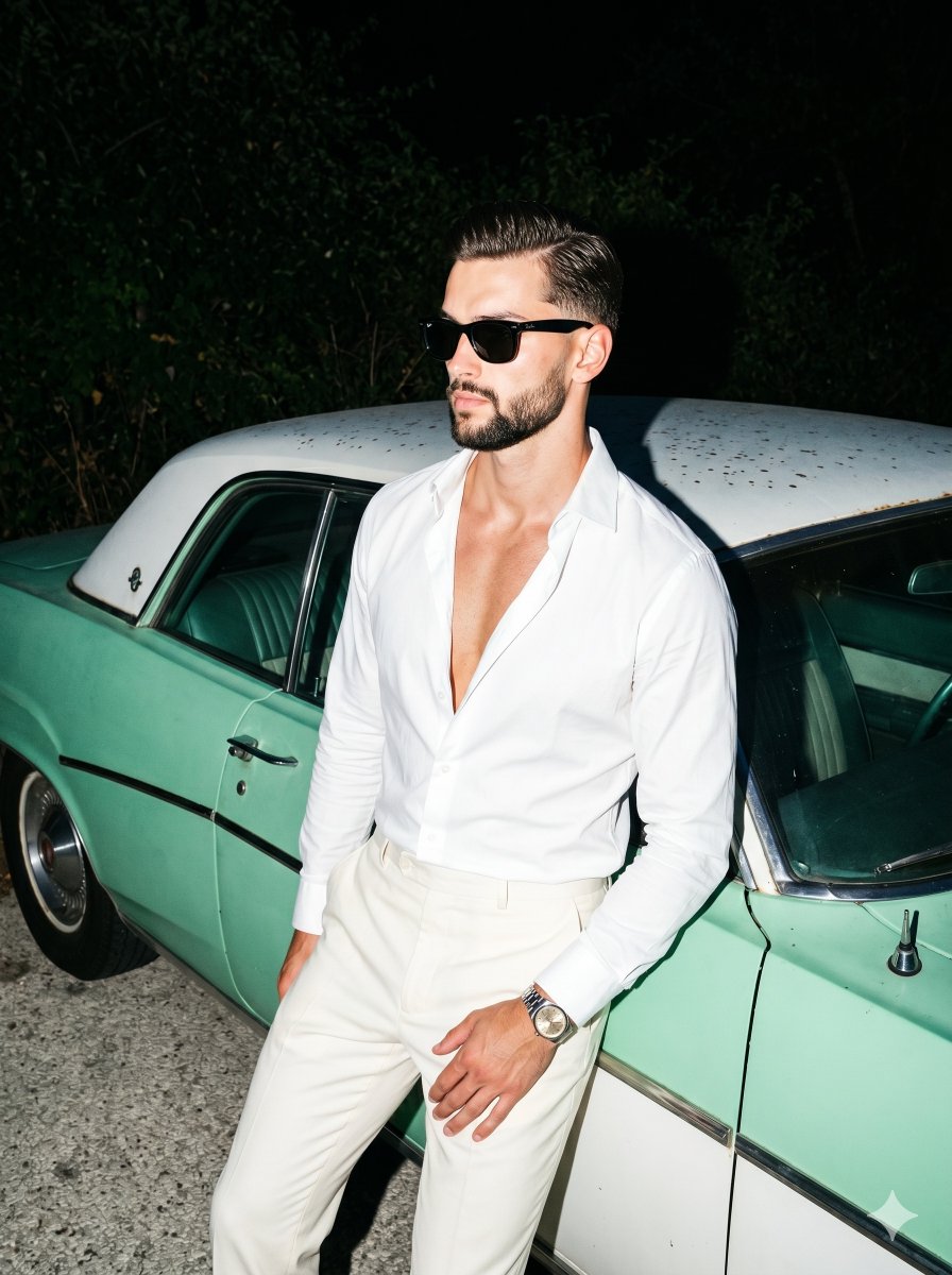 Aloof man in white shirt leans against vintage mint green car