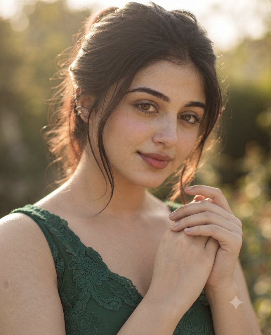 Elegant woman in green dress basks in golden hour glow