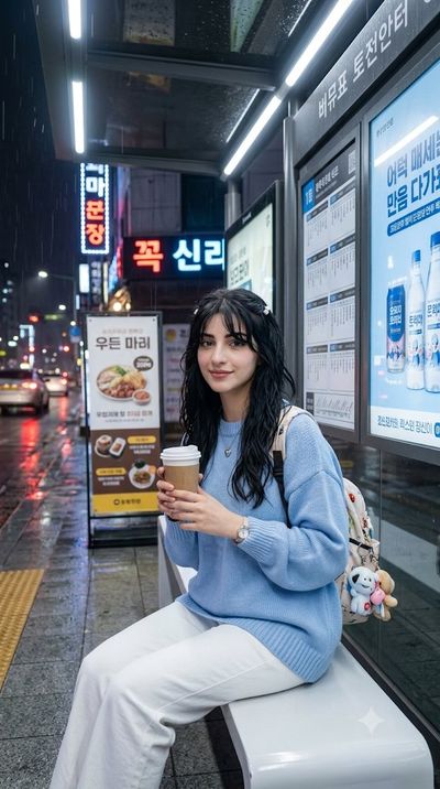 Woman in pastel sweater waits for bus during light rain