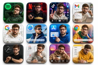A man appears in twelve app icons on a white studio background