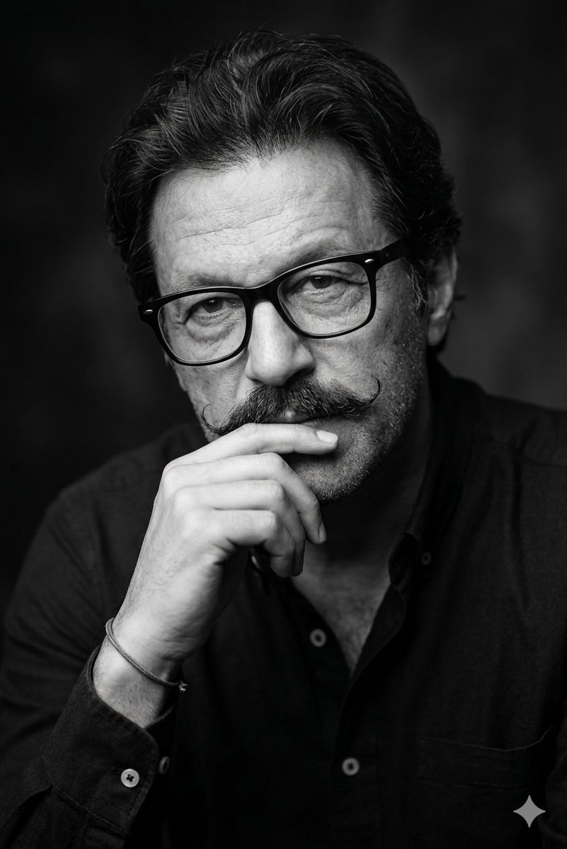 Contemplative Portrait of a Man with Handlebar Mustache in Black and White