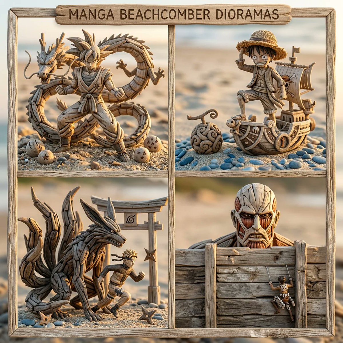 Manga Reimagined as Beachcombed Wooden Sculptures