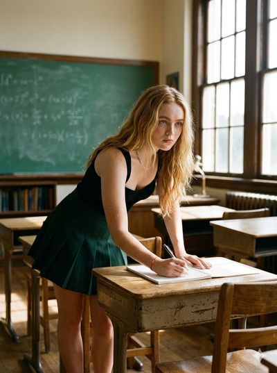 A blonde student leans over a desk in warm classroom light.