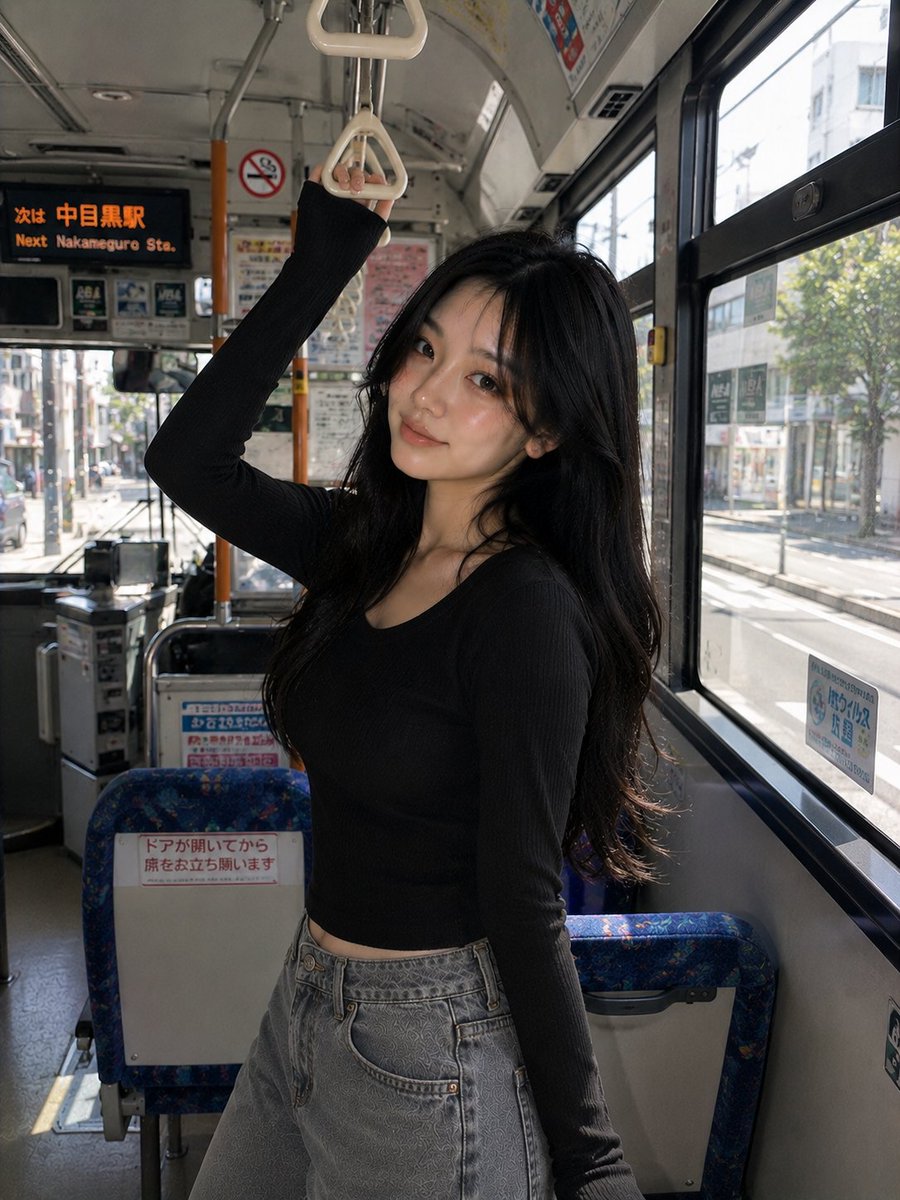 Korean girl smiles softly inside a sunlit Japanese city bus