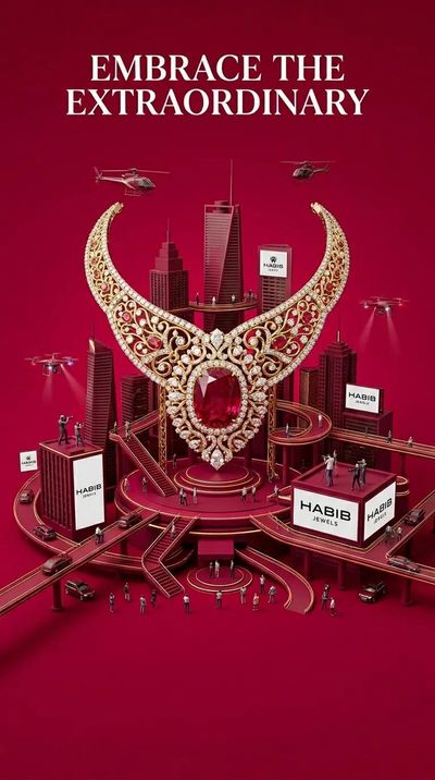 A giant diamond necklace towers above a futuristic miniature city