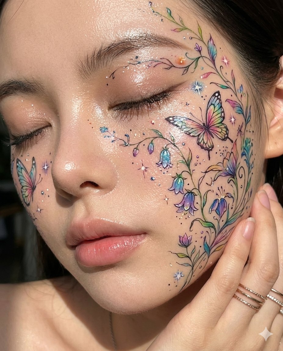 Intricate celestial garden face art glows on dewy Korean skin