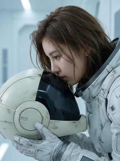 Pilot rests forehead against helmet in melancholic sci-fi scene