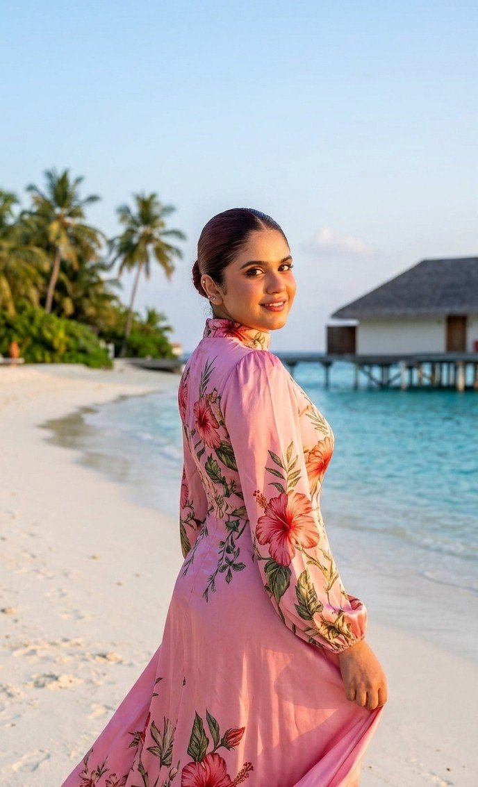A blonde woman in a floral dress enjoys golden hour on a tropical beach.