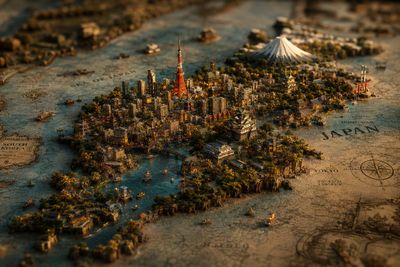 A miniature city emerges from an antique map with golden light.