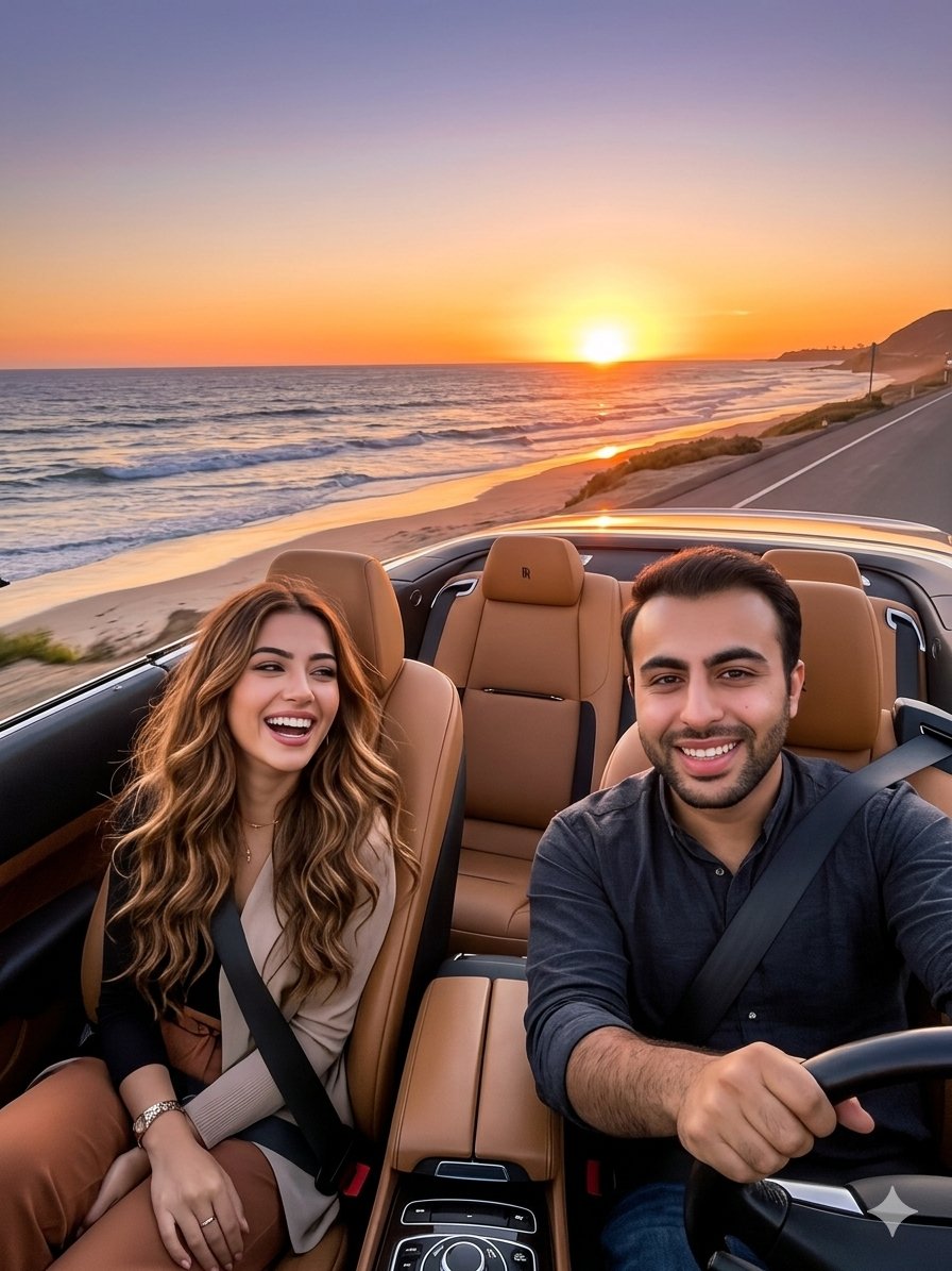 Man drives Rolls-Royce convertible at sunset along coastal road