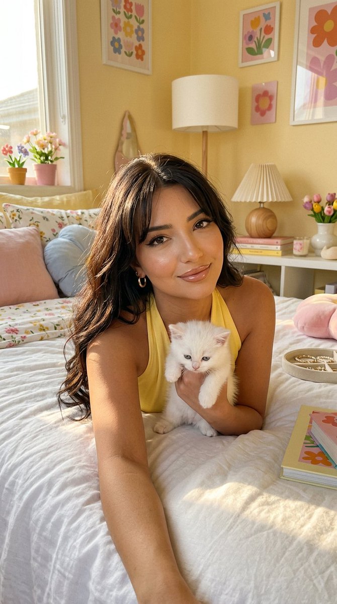 Young woman with a kitten in a sunny yellow bedroom