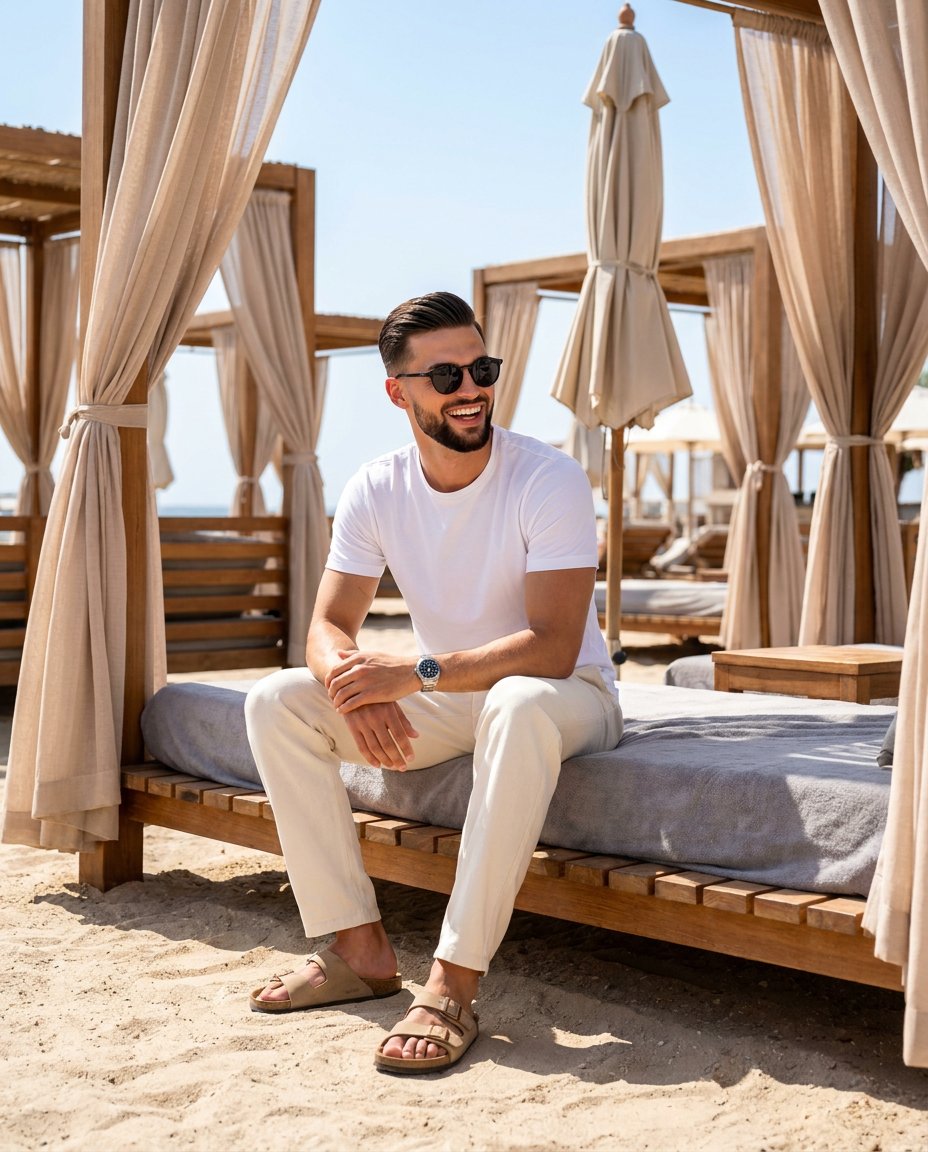 A smiling man in black sunglasses sits on a beach daybed