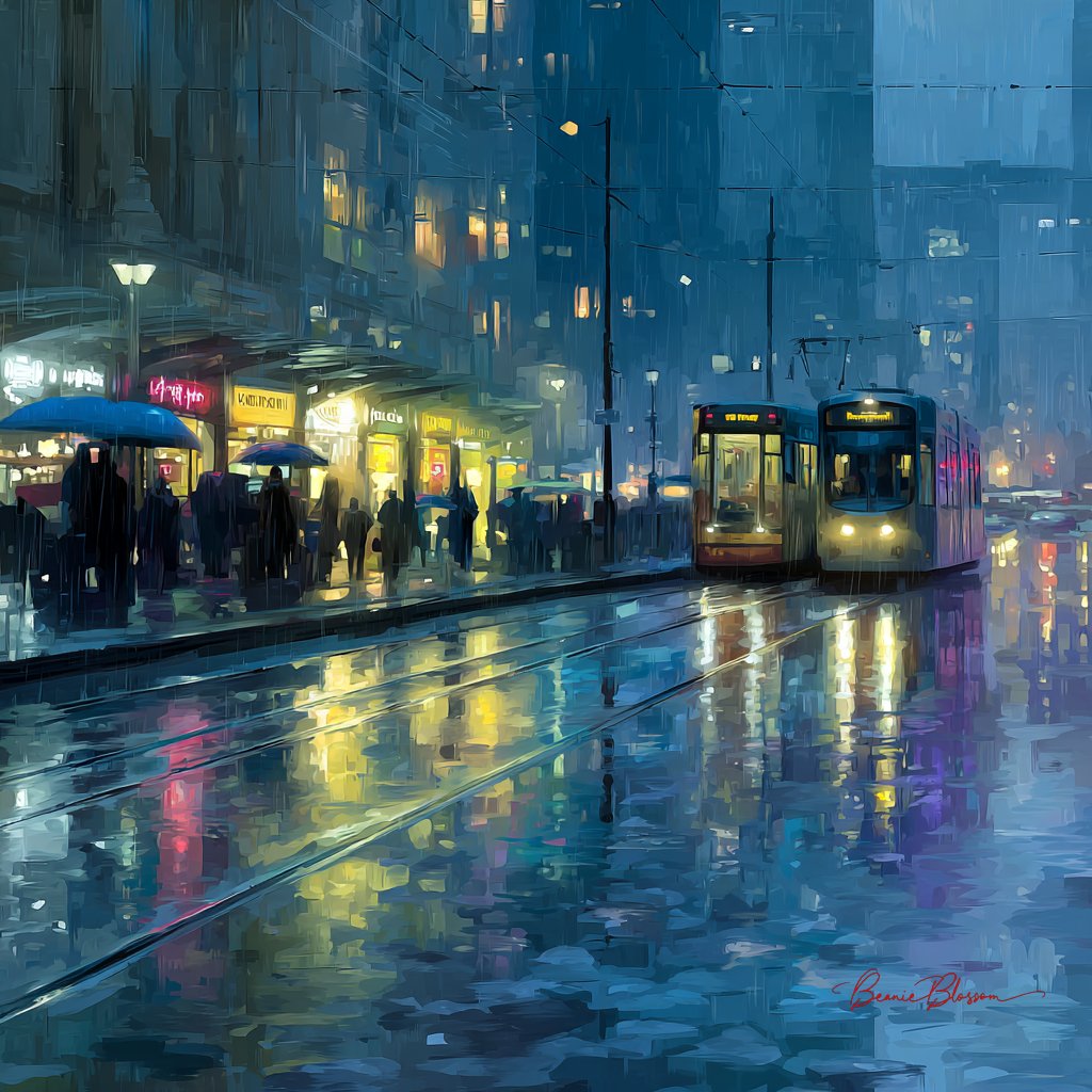 Neon Rain Reflections at a City Tram Stop