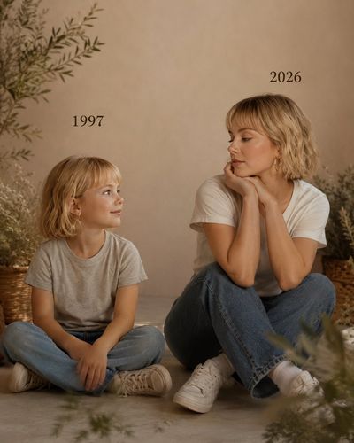 Child and adult self share a warm studio gaze across time