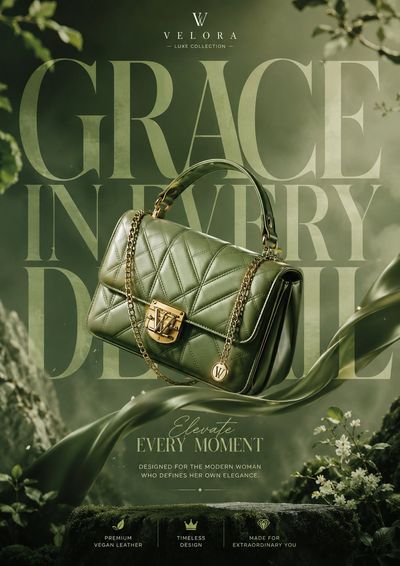 A green luxury handbag floats gracefully in a cinematic scene