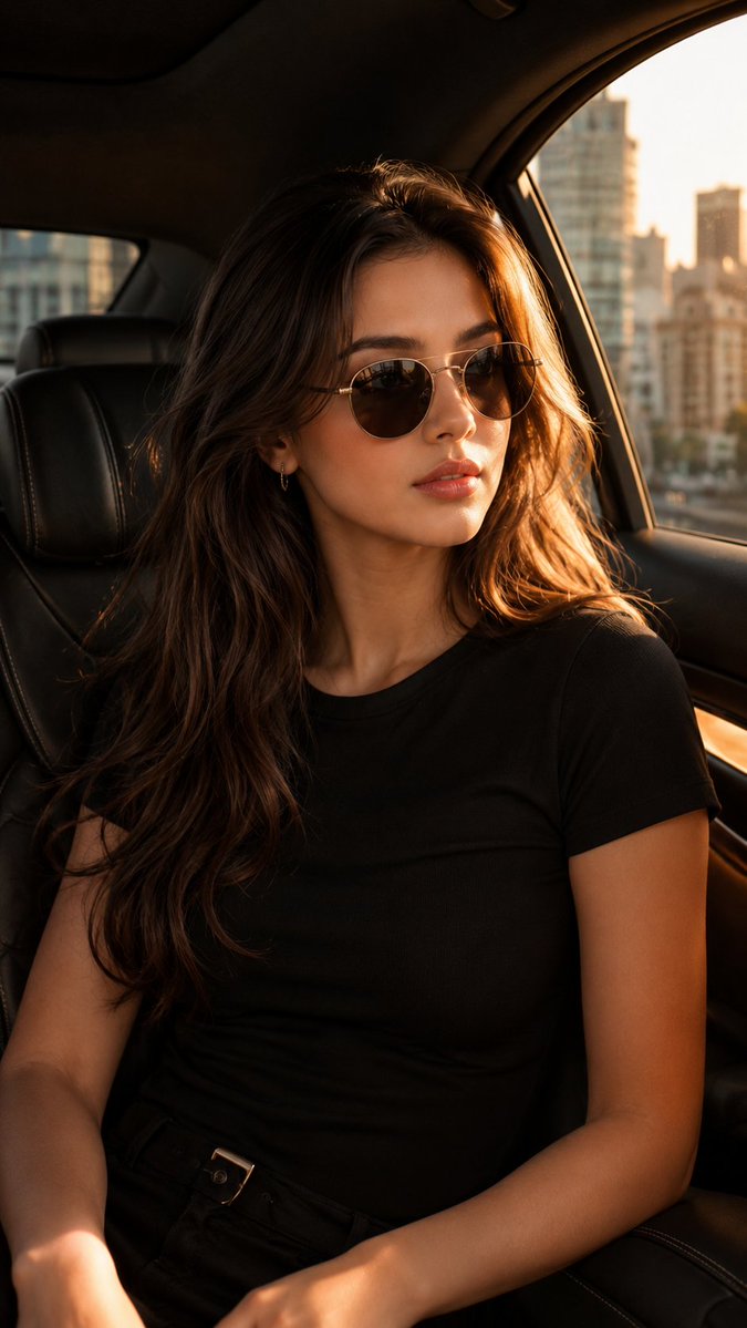 Confident woman in luxury car basks in golden hour sunlight