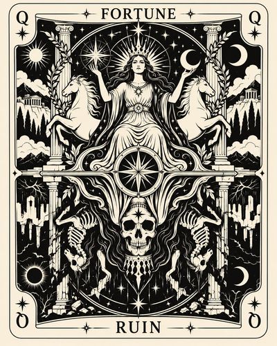 Dual-faced playing card reveals opposing silhouettes in flat vector art