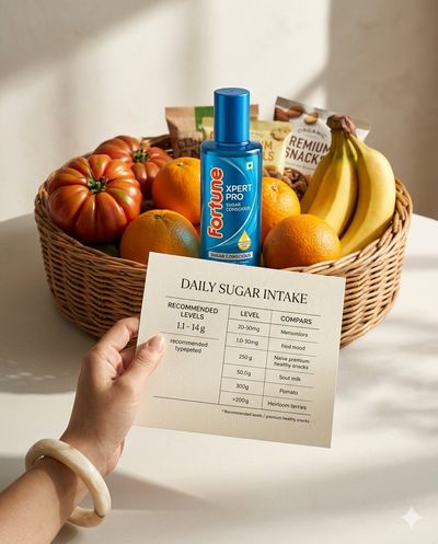 A polished hand presents a sugar intake chart among fresh produce