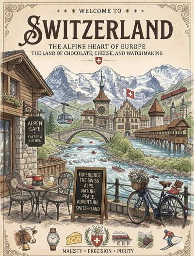Vintage poster shows Swiss Alps and cozy lakeside town.