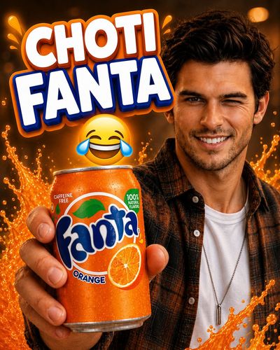 A handsome young model winks while holding a chilled Fanta can.