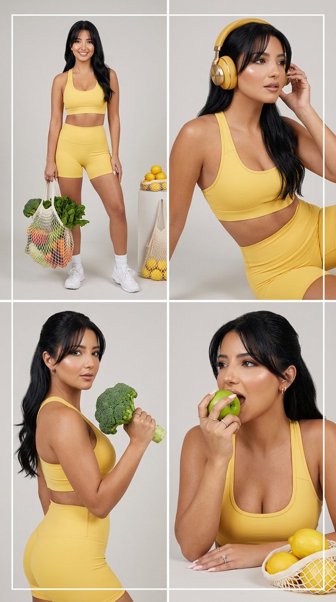 Yellow activewear model poses with fresh groceries in studio