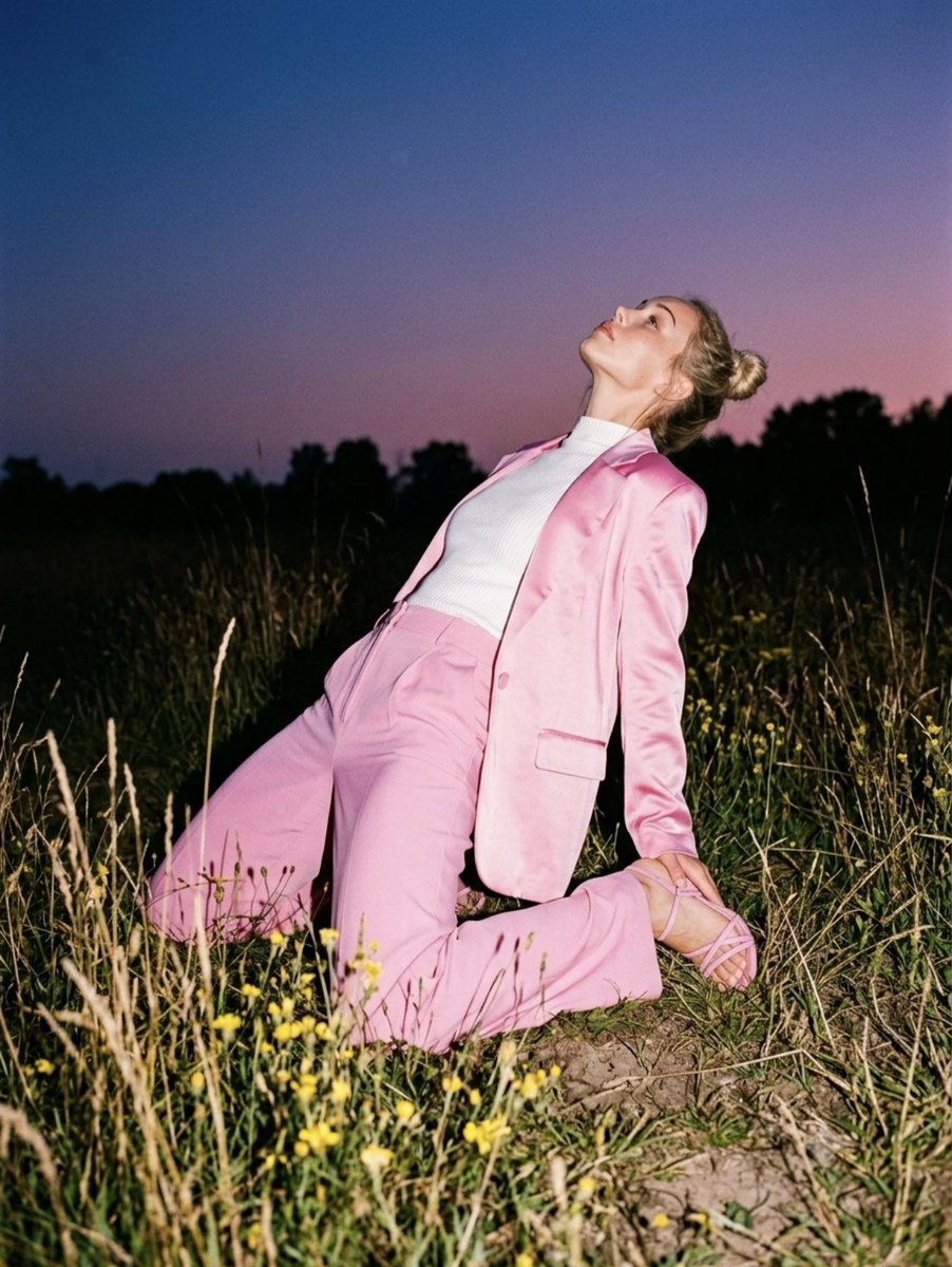 Woman in pink satin kneels in twilight field under purple sky