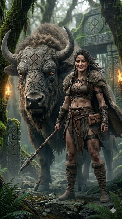 A lone huntress and her stone-skinned beast traverse misty ruins.