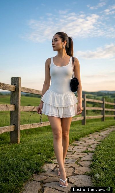 Young woman in ruffled skirt poses against golden hour hills