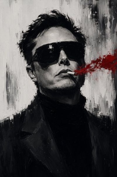 Elon Musk as a cyberpunk mafia boss in a noir oil painting