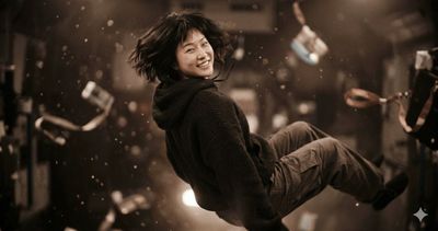 Radiant Smile Amidst Zero Gravity in a Futuristic Spaceship