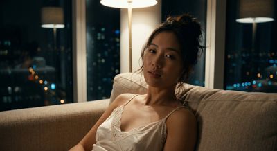 Asian woman in silk slip dress relaxes on beige sofa