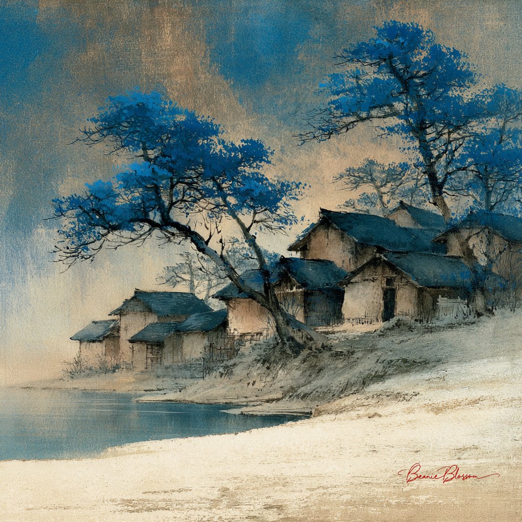 Tranquil Village by Water in Asian Watercolor