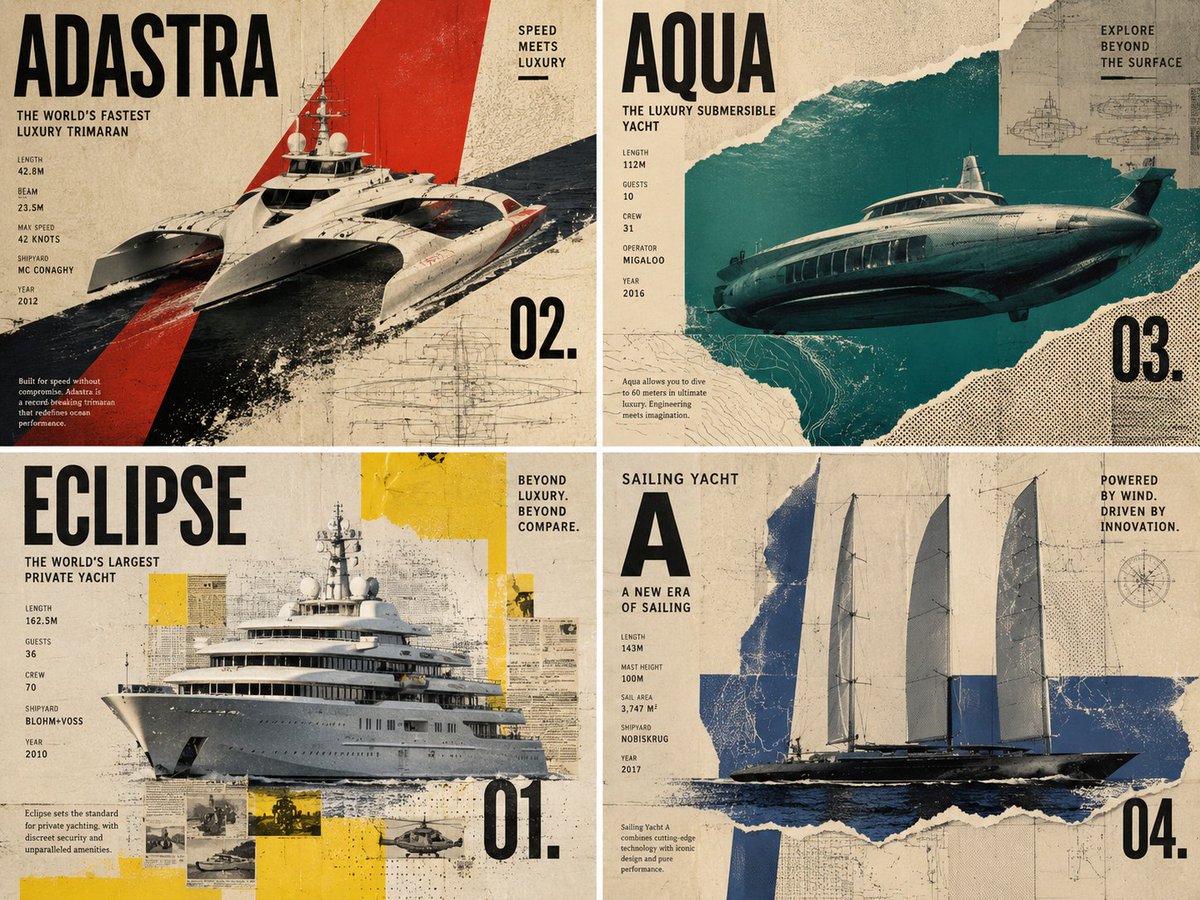 Four Unusual Luxury Yachts Rendered in Bold Graphic Poster Style