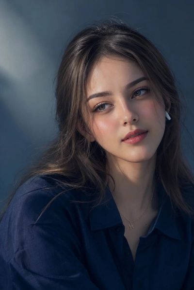 Soft blue-gray lighting reveals her introspective calm and elegant beauty.