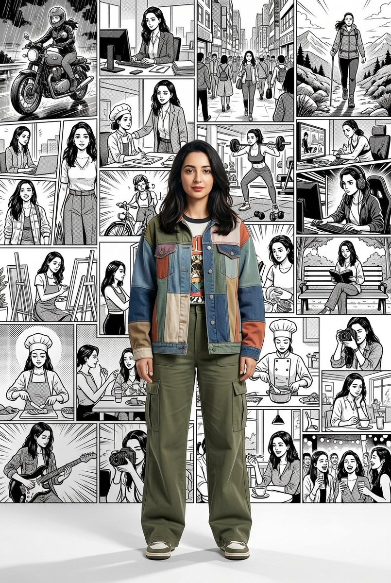 A realistic portrait stands before a manga collage of alternate selves