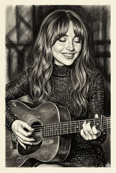 Charcoal Portrait of Guitarist in Sequined Dress